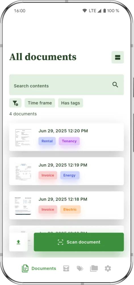 A phone running Paperjungle. An overview of all stored documents is shown.